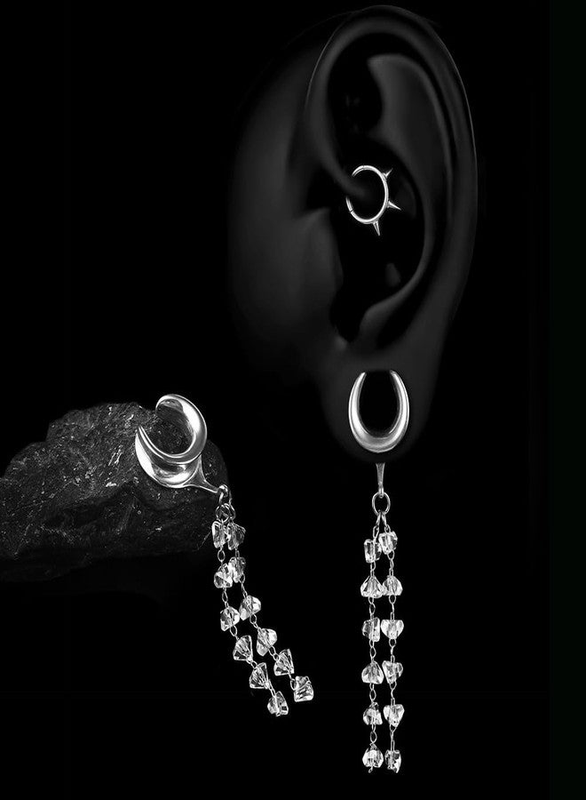 Earblity 1 Pair saddle gauges crystals chain Dangle earrings 9/16'' (14mm) Ear Tunnels Plugs 316 Stainless Steel Silver Ear Weight Plugs Hypoallergenic expander Piercing Body Jewelry - Image 4